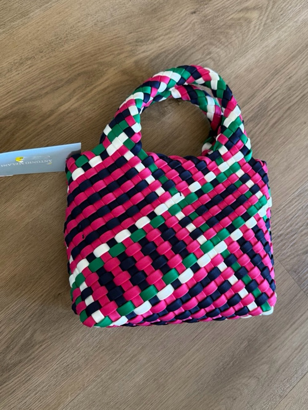 ANTONIO MELANI Woven Mini Tote in Pink, Green, Navy & White